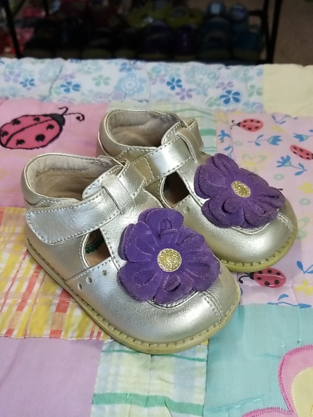 Livie & Luca Metallic Leather Mary Janes with Purple Suede Flowers Size 5 Blooms